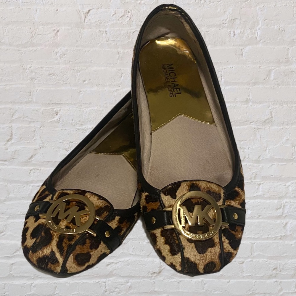 Michael Kors Black Brown Leopard Print Gold Flats